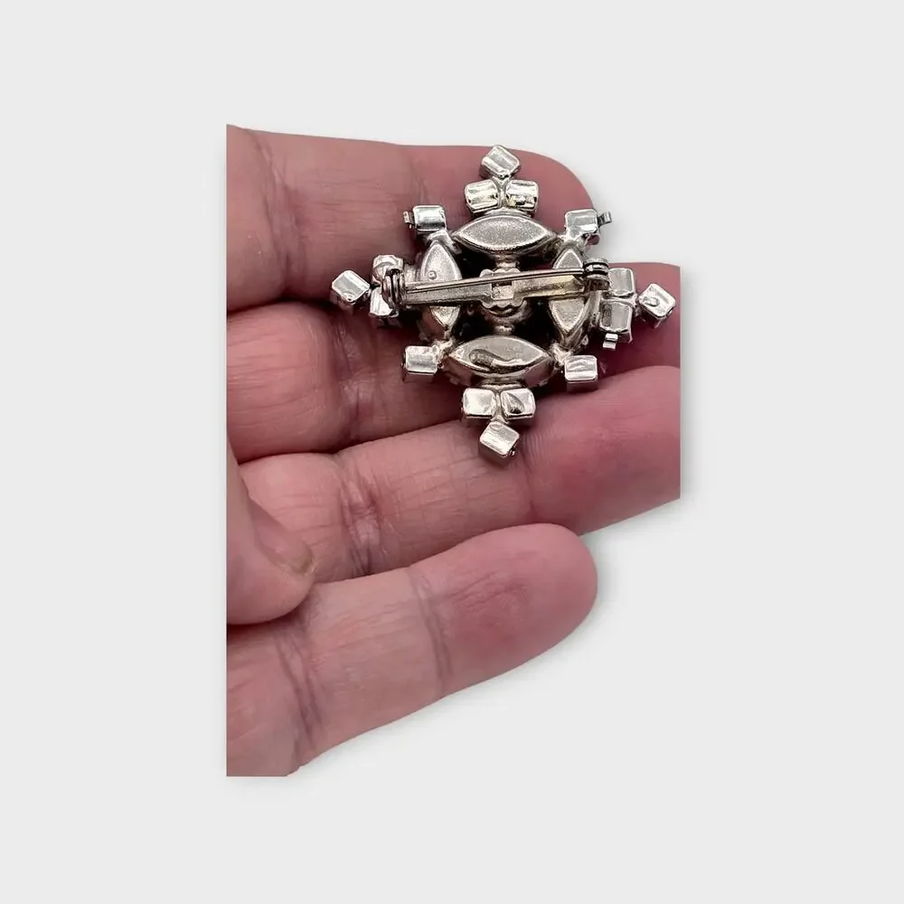 Ice Blue Starburst Rhinestone Brooch Silver Tone Mixed Cut Mid Century Cool Glam
